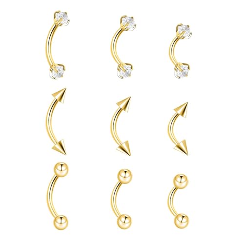 9PCS Gold Eyebrow Piercing Jewelry Titanium, Rook Jewelry Gold Surgical Steel Silver Eyebrow Rings for Women Men CZ Tiny Labret Lip Daith Navel Belly Button Helix Tragus Piercing Jewelry 16G 6mm/8mm/10mm