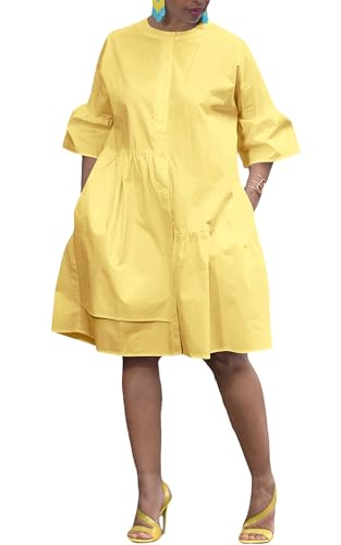 Image of Choichic Button Down Shirt Dresses for Women with Pockets Flare Bell Sleeve A-Line Midi Tunic Dress