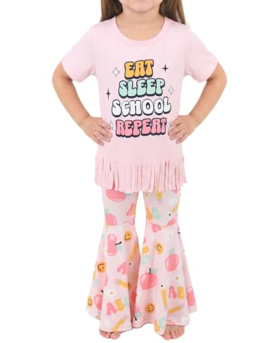 Image of Unique Baby 2 Piece Girls Bell Bottom Leggings Outfit with Short Sleeved Shirt Kid and Toddler Clothes Set