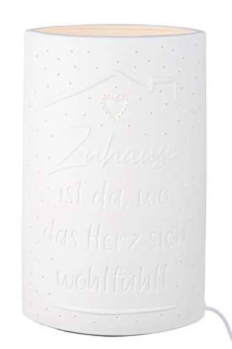 GILDE Tischleuchte Zuhause Herz Porzellan weiß mit Spruch Höhe 28,5 cm Lampe Beleuchtung Dekoration Wohnaccessoire