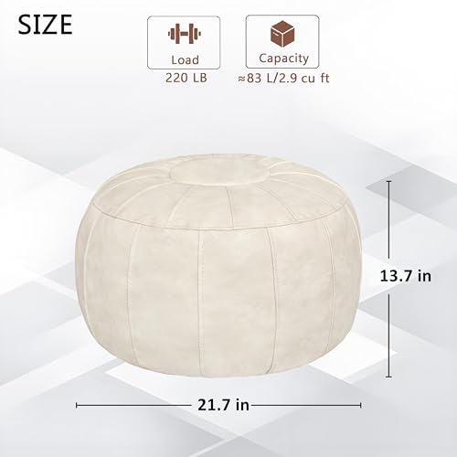 Thgonwid Unstuffed Moroccan Storage Pouf Foot Stool Ottoman Seat Handmade Faux Leather Bean Bag Floor Chair Foot Rest for Living Room, Bedroom or Balcony (Ivory White)