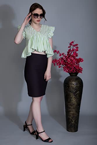 Image of Leriya Fashion Women's Western Regular Fit Crop Tops | Fancy Stripped with Ruffle Sleeves | Button Down Lightweight Cotton for Girls | Suitable for College Office Casual Wear for Ladies