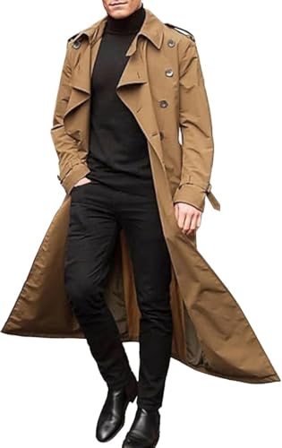 Mens Classic Double Breasted Trench Coat Long Windbreaker Jacket Casual Lapel Overcoat