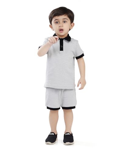 Nino Bambino Organic Cotton Polo T Shirt with Shorts|Top and Bottom Set for Baby Boy_Grey Stripe