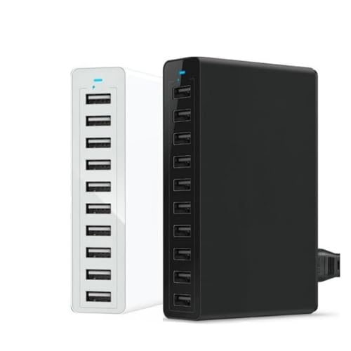 Cargador múltiple 10 puertos USB de diseño minimalista con cable de alta capacidad blanca