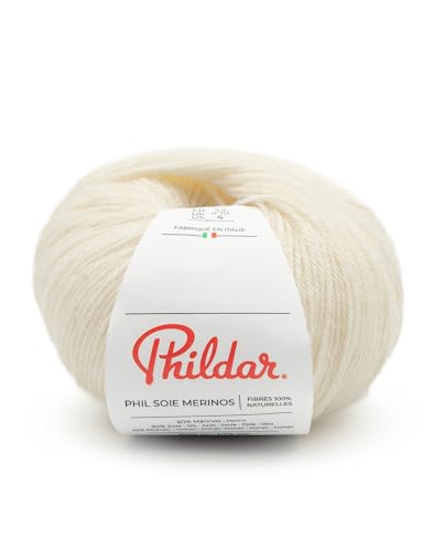 Phildar - Pelote de Laine Phil Soie Mérinos - Laine à Crocheter et à Tricoter - 30% SOIE,10% KID MOHAIR,60% LAINE (MERINOS) - Aiguille n°3.5 - Couleur BLANC