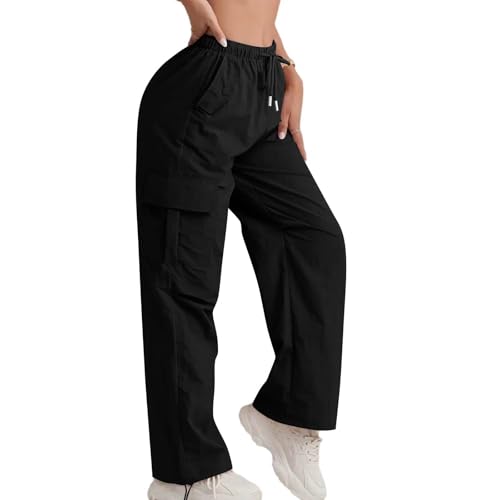 Wide Leg Cargo Pants Women High Waist Parachute Pants Drawstring Travel Fishing Hiking Pant with Multiple Pockets