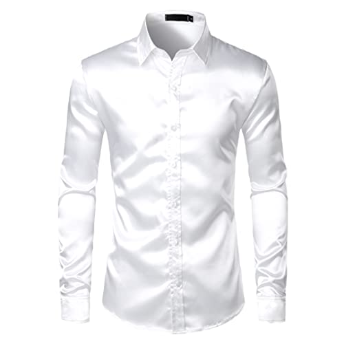 Chemise en satin de soie bleu roi pour homme, coupe ajustée, fête de mariage, chemise décontractée, blanche, taille US L