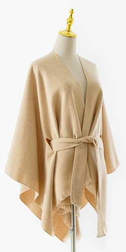 Convertible Belted Cape Wrap Acrylic Knit Shawl with Fringe Lightweight All-Season Cover Up Shoulder Cape for Women3