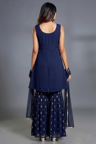 Image of Xomantic Fashion Women's Embroiderd Work Navyblue Color Weding Wear Anarkali Kurta Sharara Set