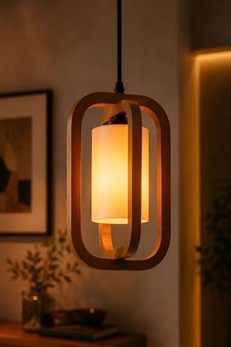 Image of twixle Wooden Double Rectangular Design and White Candle Pendant Lamp, Hanging Ceiling Lamp for Living Room, Bedroom, Kitchen, Balcony, Restaurant /Cafe, Hanging Light for Home Decor (Without Bulb)