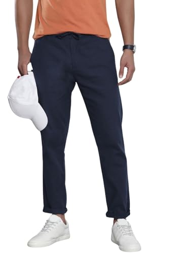 Image of The Indian Garage Co Men Slim Fit Solid Mid-Rise Elasticated Linen Trousers