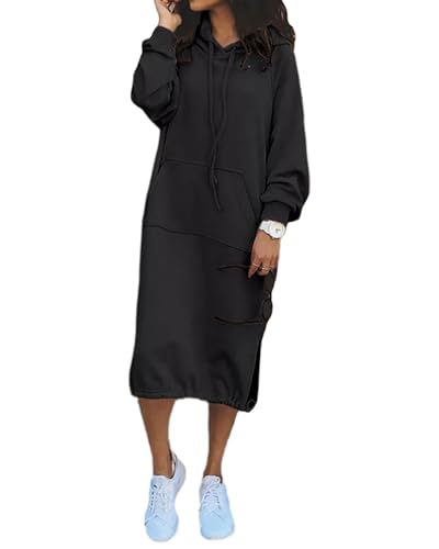 tinbarry Sweatshirtkleid Damen Lang Oversize Hoodie Kleid Langarm Einfarbig Mode Streetwear Pullover Sweatkleid Sweatshirt Kleid Mit Kapuze Taschen...