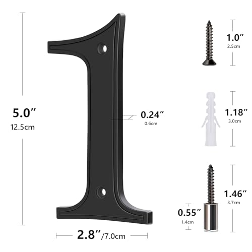 House Numbers 1, Emotionlite 5" Zinc Alloy Vintage House Numbers for Outside & Inside, Black, 4 x Screws 2 x Spacers, 1 Pack