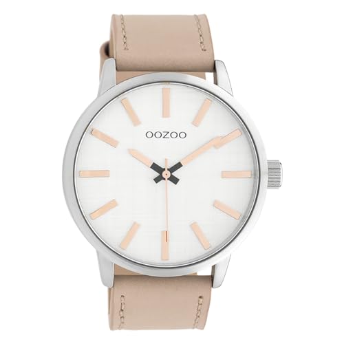 Oozoo Herrenuhr mit Lederband 45 MM Silberfarben/Pinkgrau C10031