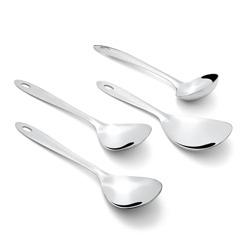 Image of Montavo by FnS 4 Pieces Stainless Steel Serving Spoon Set | 1 Gravy Ladle, 1 Rice Server & 2 Veg Serving Spoons | Premium Kitchen Serving Utensils for Home, Dining & Buffet