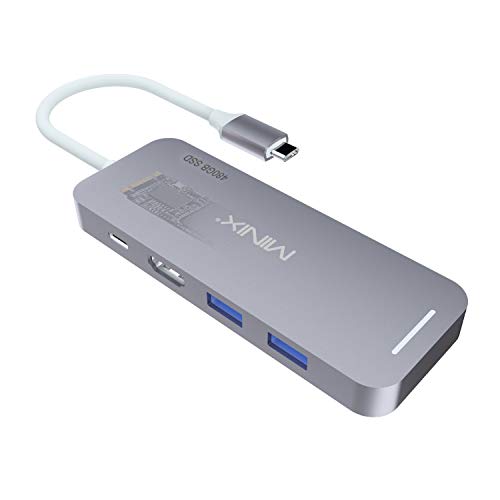 MINIX NEO Storage, 480 GB de aluminio USB-C multipuerto SSD Hub, almacenamiento SSD M.2 integrado con HDMI [4K @ 30Hz], 2 x USB 3.0 y USB-C para suministro de energía, compatible con Apple MacBook