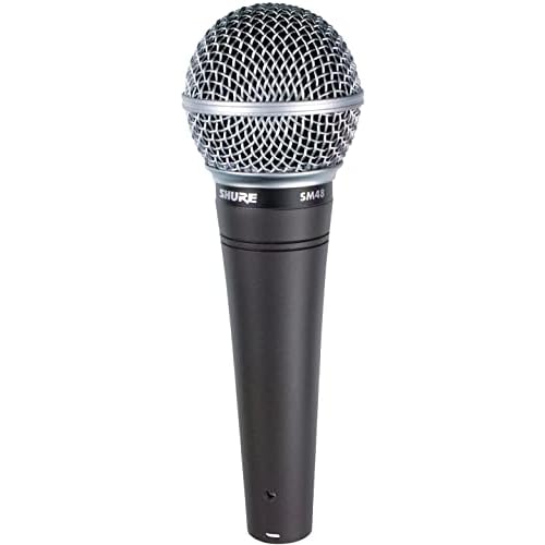 Shure SM48 Cardioid Dynamic Vocal Microphone with Shock-Mounted Cartridge, Steel Mesh Grille and IntegralPop Filter, A25D Mic Clip, Storage Bag, 3-pin XLR Connector, No Cable Included (SM48-LC)