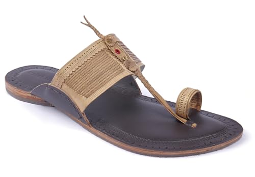 Image of KORAKARI Mens Handmade Kolhapuri Chappal Smooth and Comfortable, Stylish Durable Anti Slip Design Flip Flops Slippers Genuine Leather Traditional Indian Footwear.