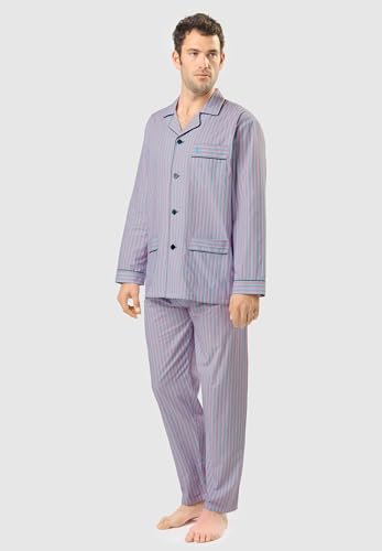 El Búho Nocturno Mens Pajama Set Long Sleeve Cotton Woven Poplin Classic Striped Pajama Set for Men, 100% Cotton, White 1539, XL2