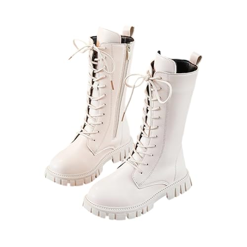 Girls Mid Calf Boots Fall Winter PU Leather Lace Up Combat Boots for Kids Lace Up Side Zipper Punk Booties 4-11 Years
