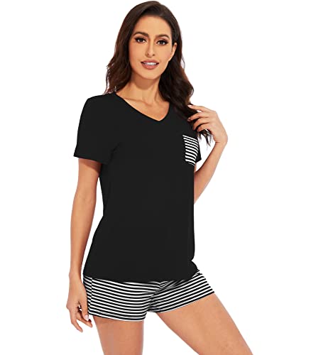 Image of WiWi Womens Pajamas Set Bamboo Viscose Super Soft Short Sleeve Top Ruffle Shorts Sleepwear Cooling Pj Sets S-XXL