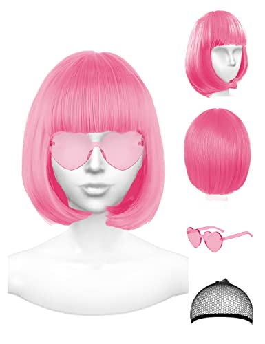 PLANTURECO Featured Wigs and Party Sunglasses, Color Bob Wig, Cosplay Wigs and Party Wigs, Rainbow Wig with Neon Glasses Wigs for Women - Bachelorette Party Wigs Decorations Favors (Pink)