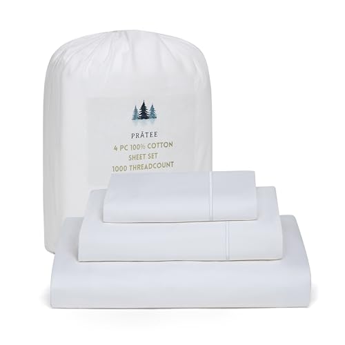 Image of Queen Size Sheets, 1000 Thread Count 100% Cotton 4-Piece Bed Sheet Set, 16-Inch Deep Pocket, Soft Breathable Cooling Sateen Hotel Bedding, White