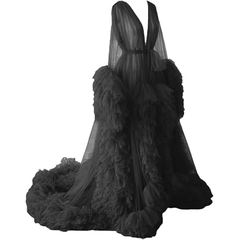 Tianzhihe Puffy Tulle Robe Maternity Dress for Photoshoot Long Sheer Bridal Lingerie Baby Shower Dress Pregancy Gown Nightgown Black XX Large Cover