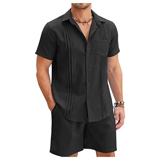 COOFANDY Conjunto masculino de linho, 2 peças, camisas cubanas de manga curta, terno de linho Guayabera, Preto, GG