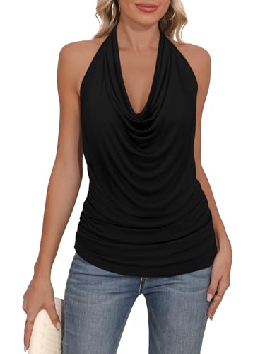 DB MOON Womens Halter Cowl Neck Tank Tops Summer Sexy Backless Cute Ruched Casual Shirts