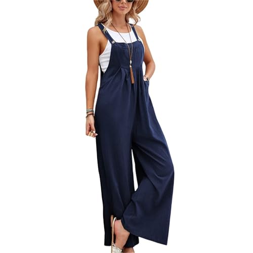 Image of Kubbon Womens Wide Leg Jumpsuits Sleeveless Straps Bib Overalls Summer Baggy Casual Pants Rompers Overalls with Pockets