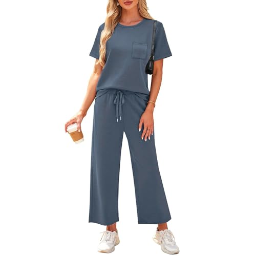 Two Piece Sets for Women Summer Outfits Lounge Sets Mock Neck Tops Wide Leg Crop Pants Vacation Travel Outfits2