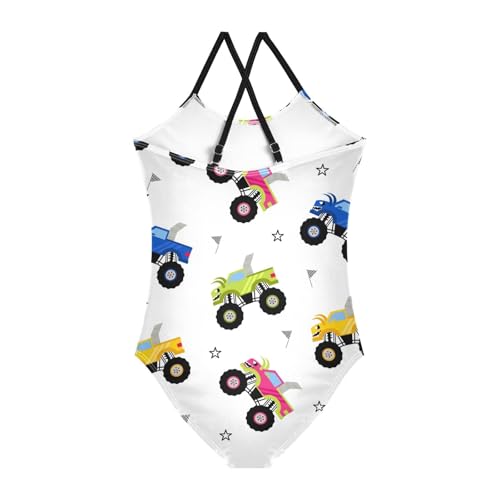 Girls One Piece Swimsuits Monster Truck Pattern Cartoon Sport Halter Swimwear Beach Bathing Suit,7-8T2
