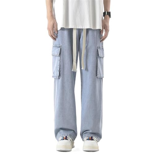Men's Denim Pants Drawstring Waist Jeans Multi-Pocket Trousers4