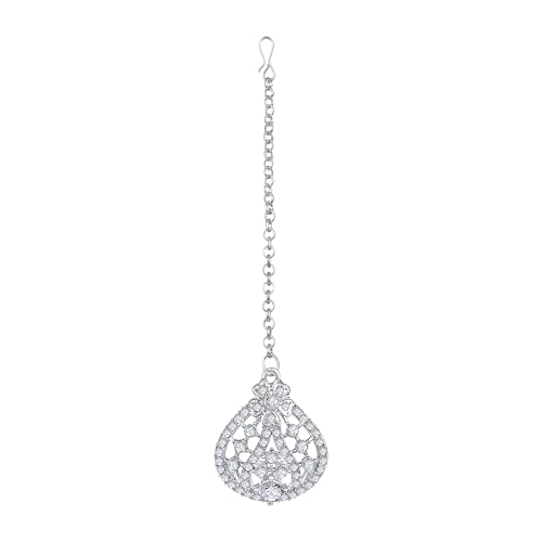 Image of Atasi International Silver Plated White Crystals American Diamonds Stylish Necklace Set with Earrings and Maang Tikka for Women and Girls | Stylish Jewellery for Party, Wedding and Festive Occasions (R6153)
