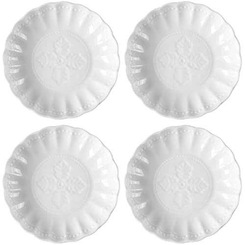 Sizikato 4pcs White Porcelain Appetizer Plate, 4-Inch Sauce Plate, Leaf Embossed