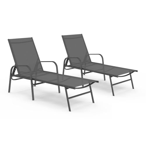 IDMarket - Lot de 2 transats de Jardin inclinables Fidji en Acier Gris Anthracite et Toile Grise