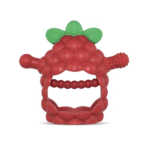 Image of RaZbaby RaZberry Grip Silicone Teether Toy for 3M+ | Drop Resistant Hand Held Teether for Babies and Infants - Designed by Nature with Our Patented BerryBumps Multitextured Design | 3M+, Red