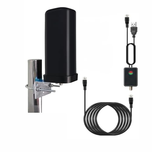 Antenne TV Intérieur Extérieure Puissante, IP66 Antenne TNT Anti-Foudre Réception à 360 ° avec Amplificateur Signal Booster et Câble Coaxial de 13m pour...