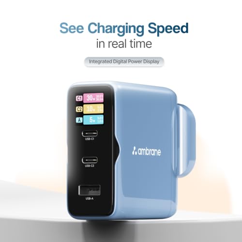 Image of Ambrane 100W Fast Charging Display Charger, Display to Show Power Details, 3 Ports - 2 Type C, 1 USB, Type C PD Fast Charging for MacBook, iPhone, Type C Laptops, Other Devices (Charge D100, Blue)