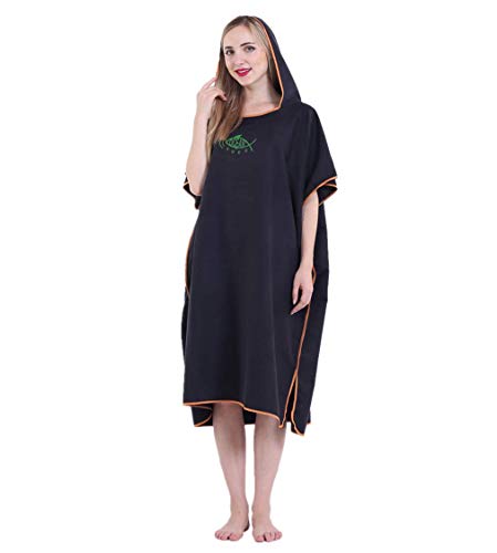 JameStyle26 Poncho da bagno in microfibra ad asciugatura rapida, unisex, con cappuccio, asciugamano da bagno, per nuoto, surf, spiaggia, immersioni, costume da bagno Nero Taglia unica