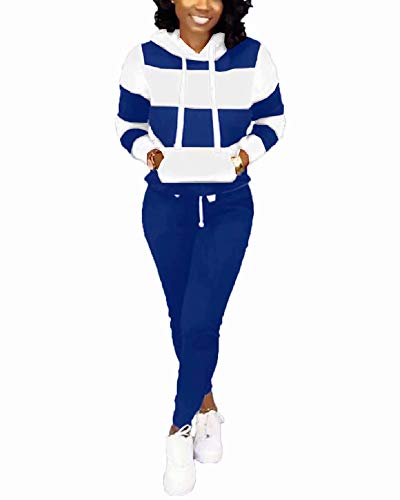 Women's Casual Two Piece Outfits Stripes Sweatsuit Tracksuit Kangaroo Pocket Hoodies Sweatshirt Drawstring Pants Blue L