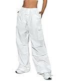 Verdusa Women's Drawstring Waist Side Pocket Joggers Cargo Pants Loose Long Trousers White Petite M