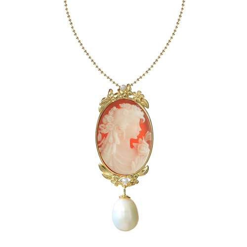 Cameo Pendant Necklaces Antique, Necklace/Brooch Women's Agate Cameo in 14K Gold Frame with Freshwater Pearl Vintage Jewelry Gifts