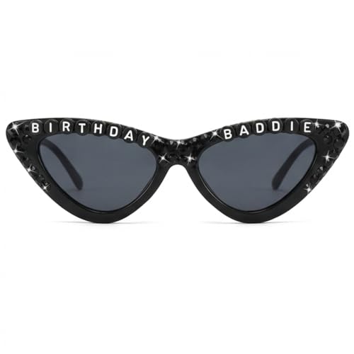 Topfunyy Birthday Sunglasses for Girls Black Birthday Baddie Cat Eye Diamond Glasses for Women Bachelorette Birthday Party Gift Supplies