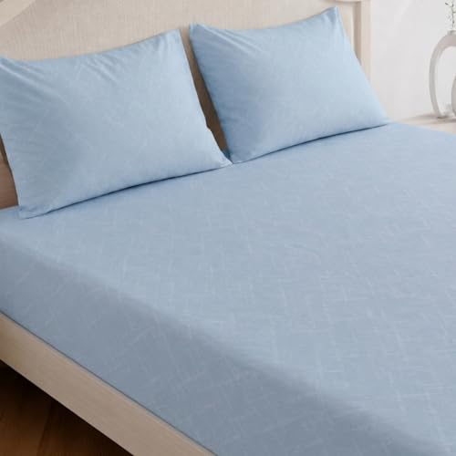 Image of Marrow Lane 400 TC Soft Air Cotton Double Bedsheet | Rose Mist | Flatsheet with 2 Pillow Covers | Solid Textured Weave (228.6 x 254 cm, Slate Blue)