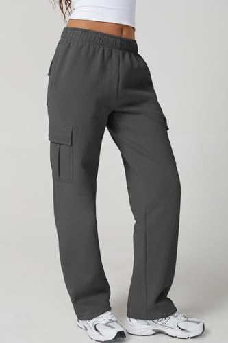Image of QINSEN Baggy Medium Waist Elastic Sweatpants for Womens Casual Long Fleece Cargo Pants with Pockets