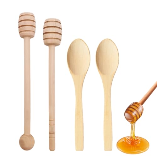 YAPKOLV Juego de 4 utensilios para miel en madera natural (2 palos + 2 cucharas)