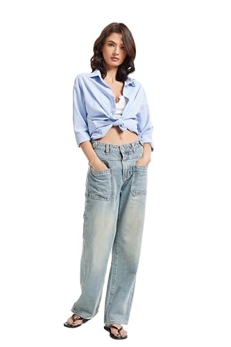 Wide Leg Jeans for Women, High Waist Straight Legs Trendy Front Patch Pocket Denim Pants for Ladies Casual Work